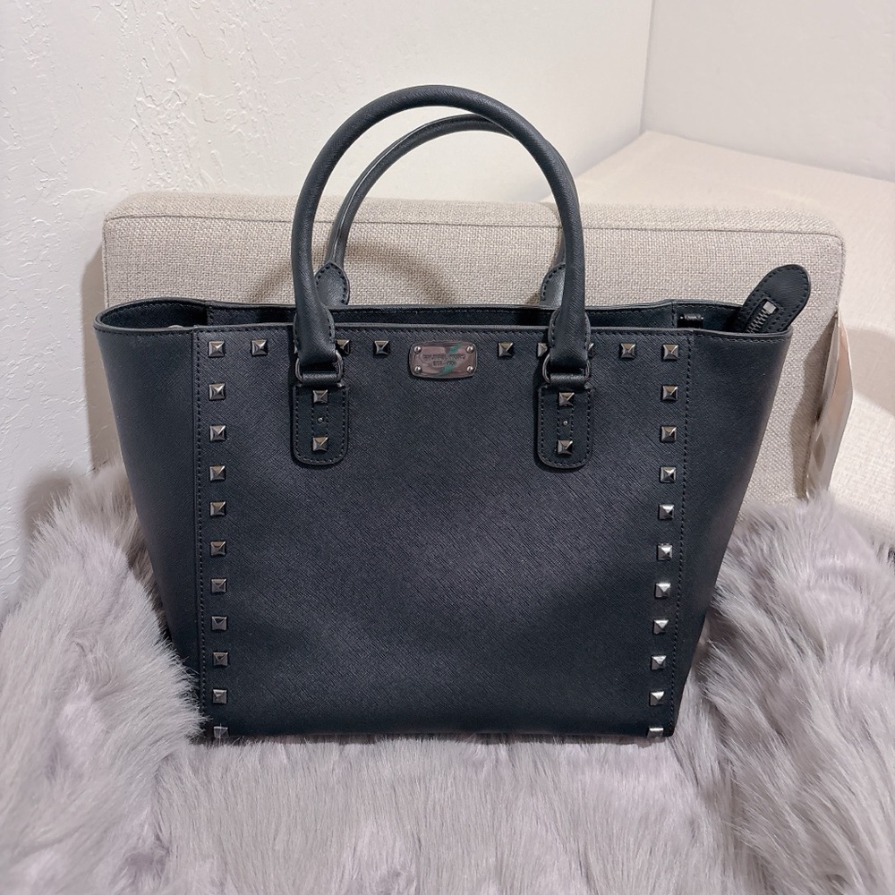 Michael Kors Black Saffiano Leather Studded Sandrine Tote